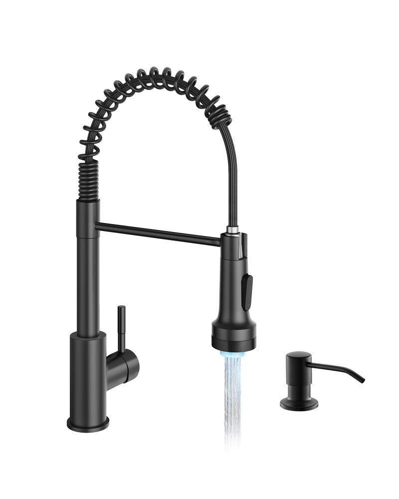 GIMILI Matte Black LED Kitchen Faucet with Soap Dispenser, Modern Single Handle Spring Kitchen Sink Faucets with Pull Down Sprayer - Image 1
